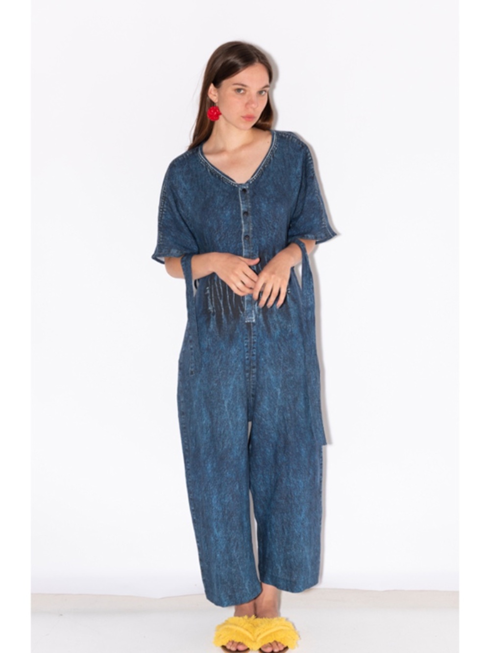 ANNTIAN The Overall In Panel Fake Jeans Print Y Linen Jumpsuit Missing Belt OS